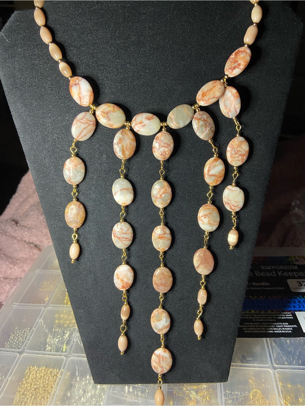 Gold-Tone Peach Genuine Jasper Gemstone Beaded Fringe Necklace bracelet earrings